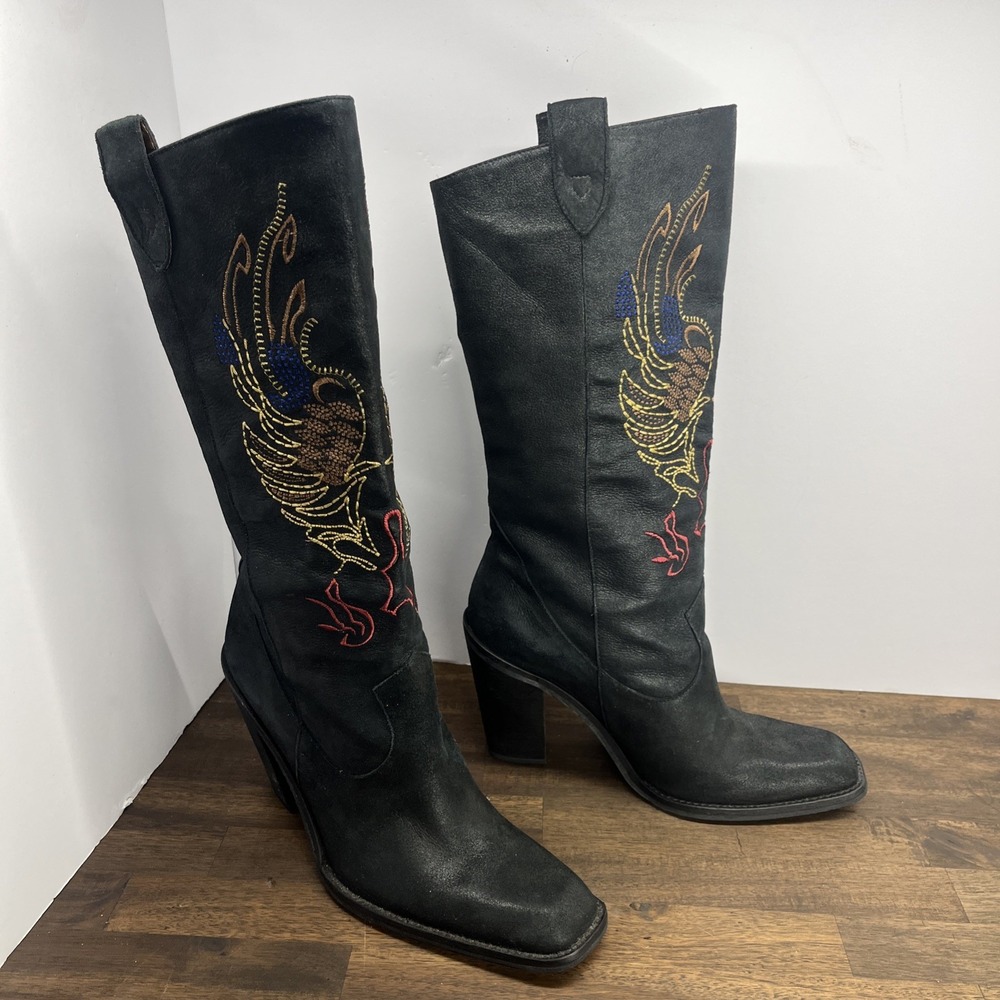 Gianni Bini, Black Embroidered Western Boots Suede, Women's Size 9